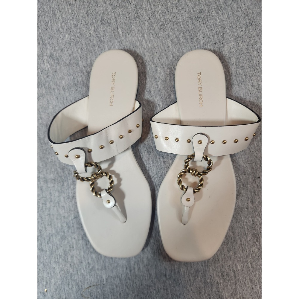 Tory Burch vtg White Leather‎ Studded Chain Link Thong Sandals 7M 8913 B22